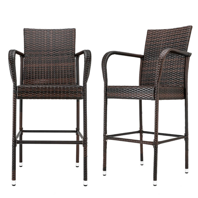 2-Piece Outdoor PE Rattan Wicker Chairs, High Bar Stool Chair, Patio Furniture Set with Armrest and Footrest, Brown