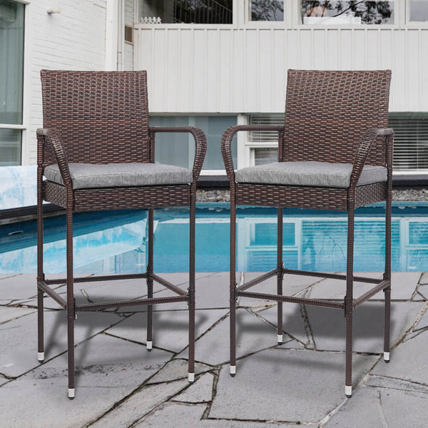 2 Pieces Rattan Bar Chair Patio Stool With Cushion Brown