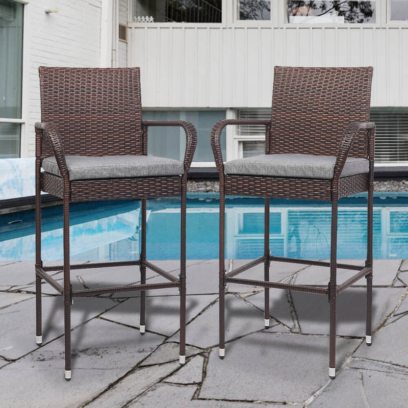 2 Pieces Rattan Bar Chair Patio Stool With Cushion Brown