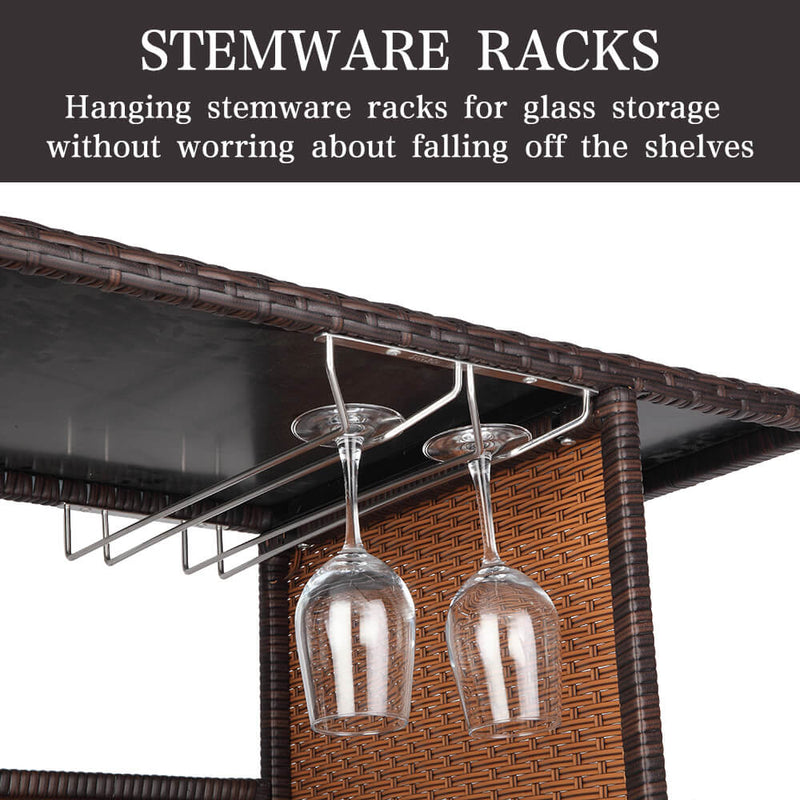 Long Rattan Bar Table Top Iron Mesh Compartment