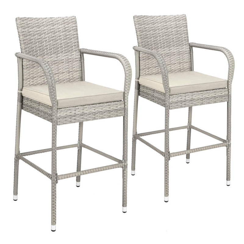 2-Piece Outdoor PE Rattan Wicker Chairs, High Bar Stool Chair, Patio Furniture Set with Cushions Armrest and Footrest, Gray