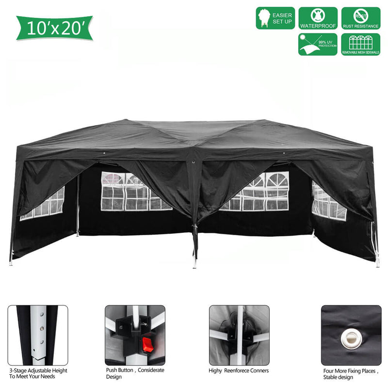 Homhum 10 x 20 ft Waterproof Folding Canopy Tent with Four Windows, Black