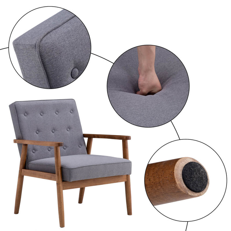 Mid-Century Retro Modern Single Sofa Chair Wooden Arm Chair Grey Fabric