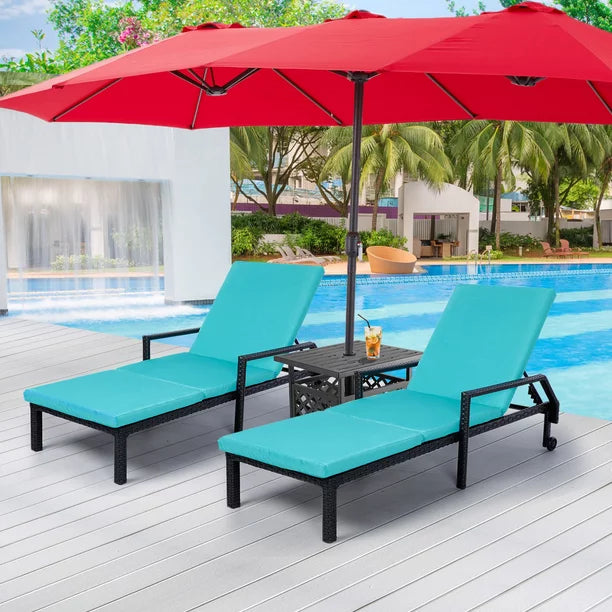 3-Piece Outdoor Wicker Chaise Lounge Set -Blue