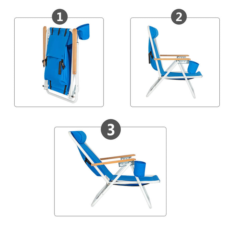 Backpack Folding Beach Chair, Camping Pool Chairs with Armrest & Padded Headrest Cup Holder Blue
