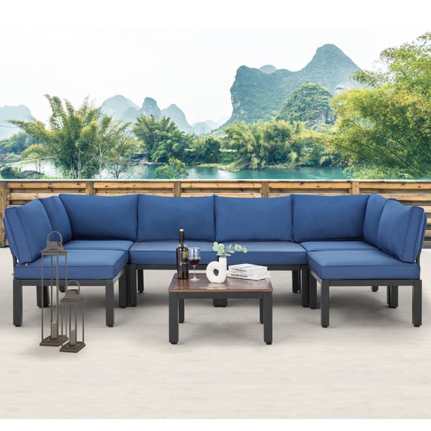 7 Pieces Outdoor Patio Furniture Set with Blue Cushions