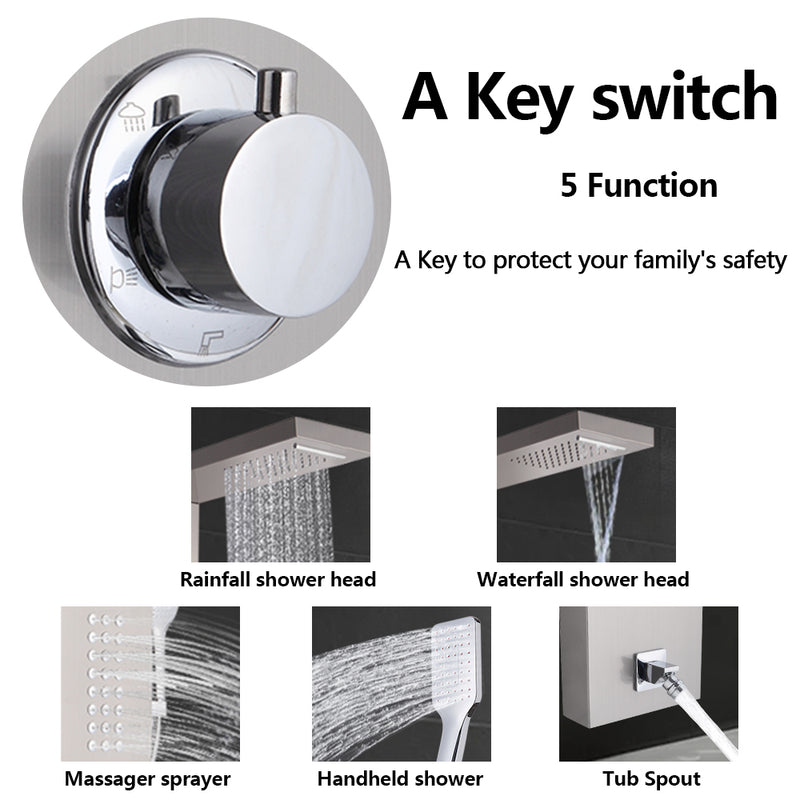 Shower System Shower Panel Stainless Steel Multi-Function Silver 18 Holes 48 inch