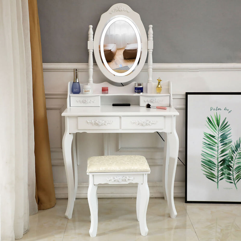 Single Mirror 4 Drawer Round Mirror Dresser White