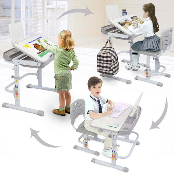 Lifting Table Can Tilt Children Learning Table and Chair Gray with Reading Stand
