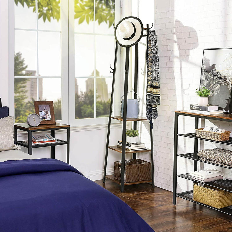 Industial Coat Rack, Coat Stand with 3 Shelves, Hall Trees Free Standing with Hooks and Clothes Rail, Metal Frame