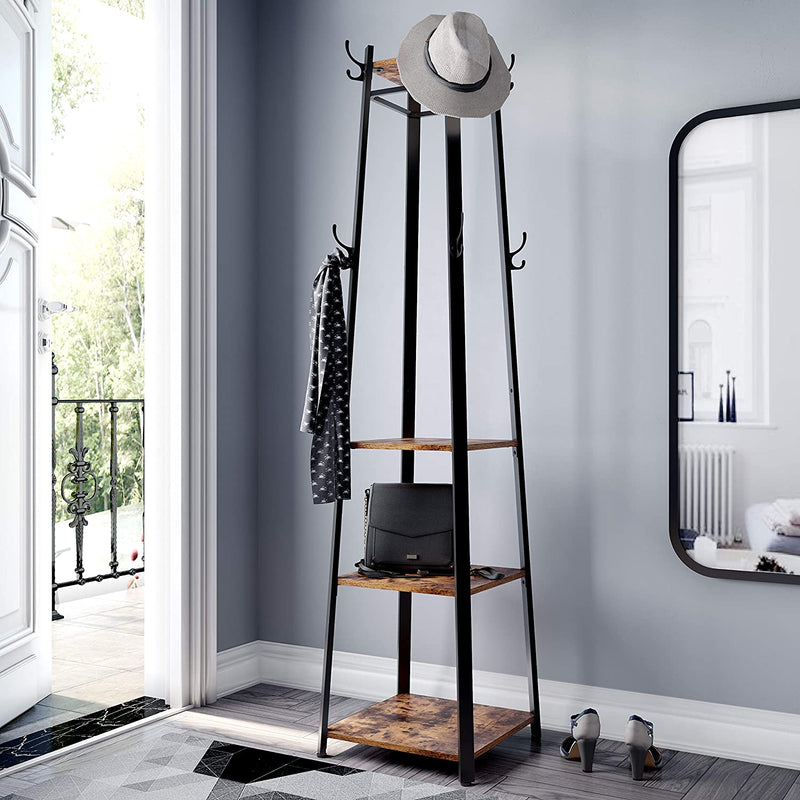 Industial Coat Rack, Coat Stand with 3 Shelves, Hall Trees Free Standing with Hooks and Clothes Rail, Metal Frame