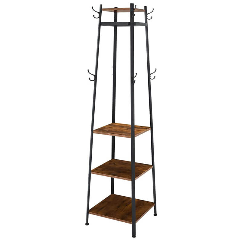 Industial Coat Rack, Coat Stand with 3 Shelves, Hall Trees Free Standing with Hooks and Clothes Rail, Metal Frame