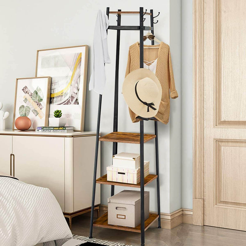 Industial Coat Rack, Coat Stand with 3 Shelves, Hall Trees Free Standing with Hooks and Clothes Rail, Metal Frame