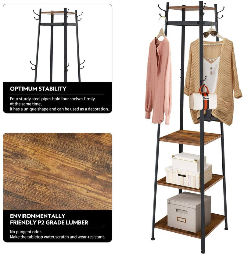 Industial Coat Rack, Coat Stand with 3 Shelves, Hall Trees Free Standing with Hooks and Clothes Rail, Metal Frame
