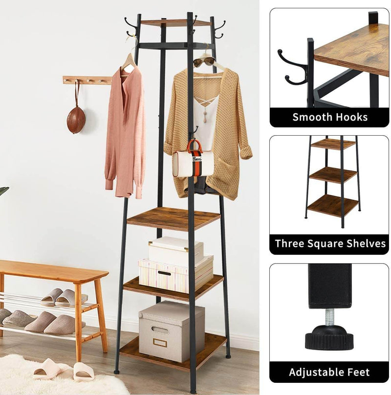 Industial Coat Rack, Coat Stand with 3 Shelves, Hall Trees Free Standing with Hooks and Clothes Rail, Metal Frame