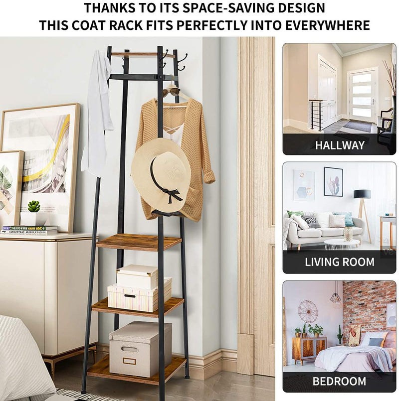 Industial Coat Rack, Coat Stand with 3 Shelves, Hall Trees Free Standing with Hooks and Clothes Rail, Metal Frame
