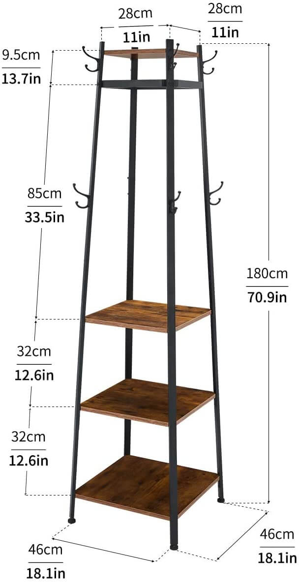 Industial Coat Rack, Coat Stand with 3 Shelves, Hall Trees Free Standing with Hooks and Clothes Rail, Metal Frame