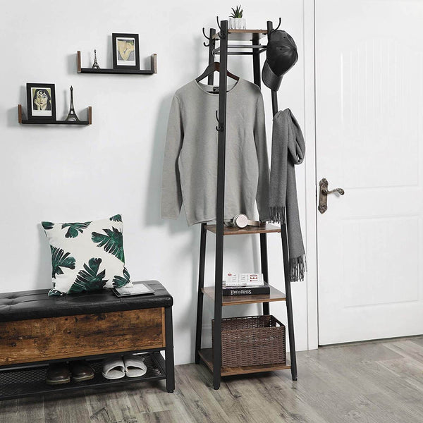 Industial Coat Rack, Coat Stand with 3 Shelves, Hall Trees Free Standing with Hooks and Clothes Rail, Metal Frame