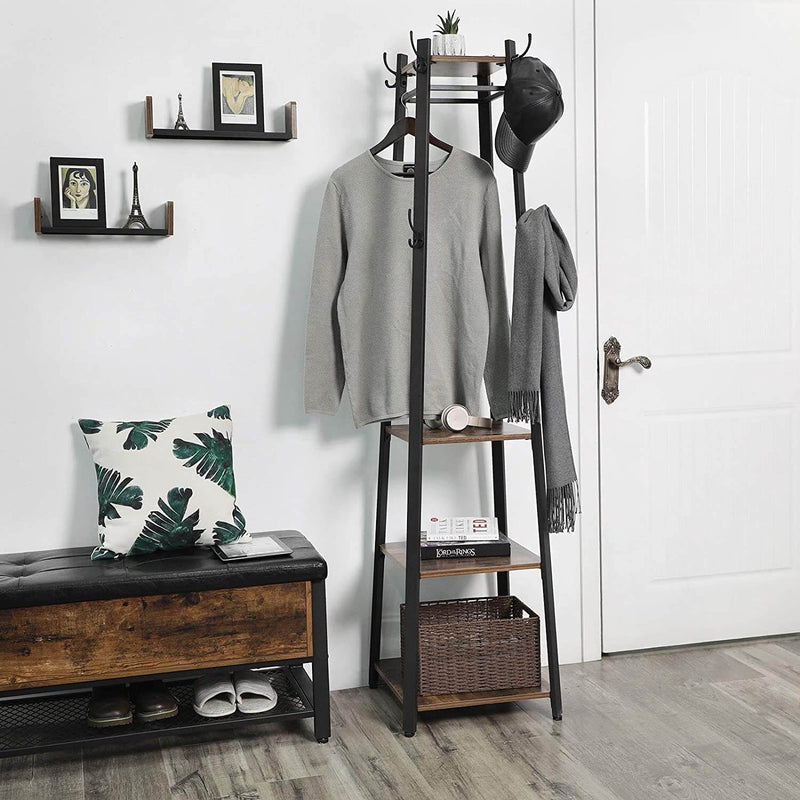 Industial Coat Rack, Coat Stand with 3 Shelves, Hall Trees Free Standing with Hooks and Clothes Rail, Metal Frame