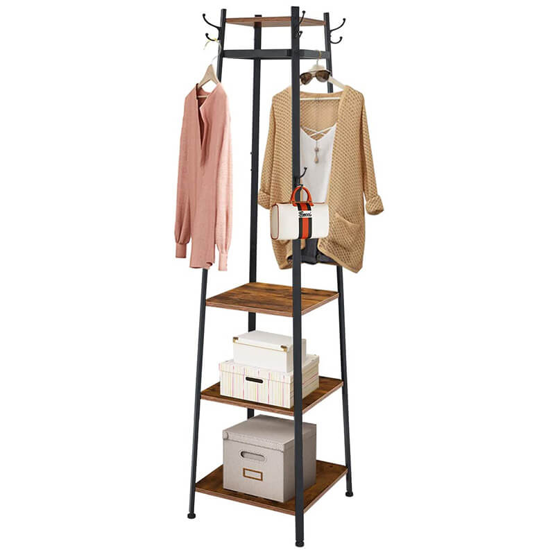 Industial Coat Rack, Coat Stand with 3 Shelves, Hall Trees Free Standing with Hooks and Clothes Rail, Metal Frame