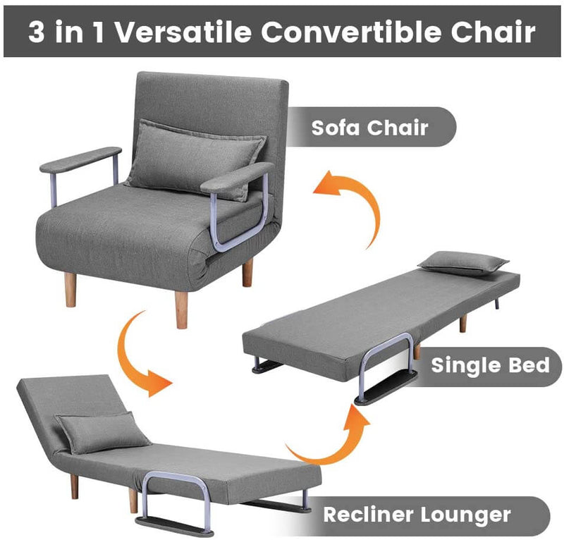 Convertible Chair Bed Sleeper Chair Adjustable 5 Position Backrest Gray Folding Arm Chair