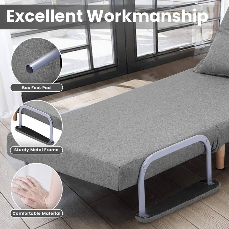 Convertible Chair Bed Sleeper Chair Adjustable 5 Position Backrest Gray Folding Arm Chair