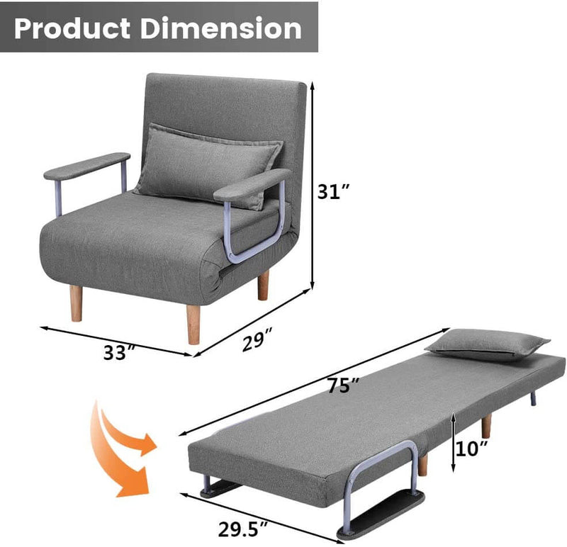 Convertible Chair Bed Sleeper Chair Adjustable 5 Position Backrest Gray Folding Arm Chair