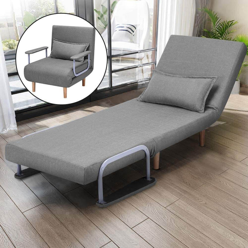 Convertible Chair Bed Sleeper Chair Adjustable 5 Position Backrest Gray Folding Arm Chair