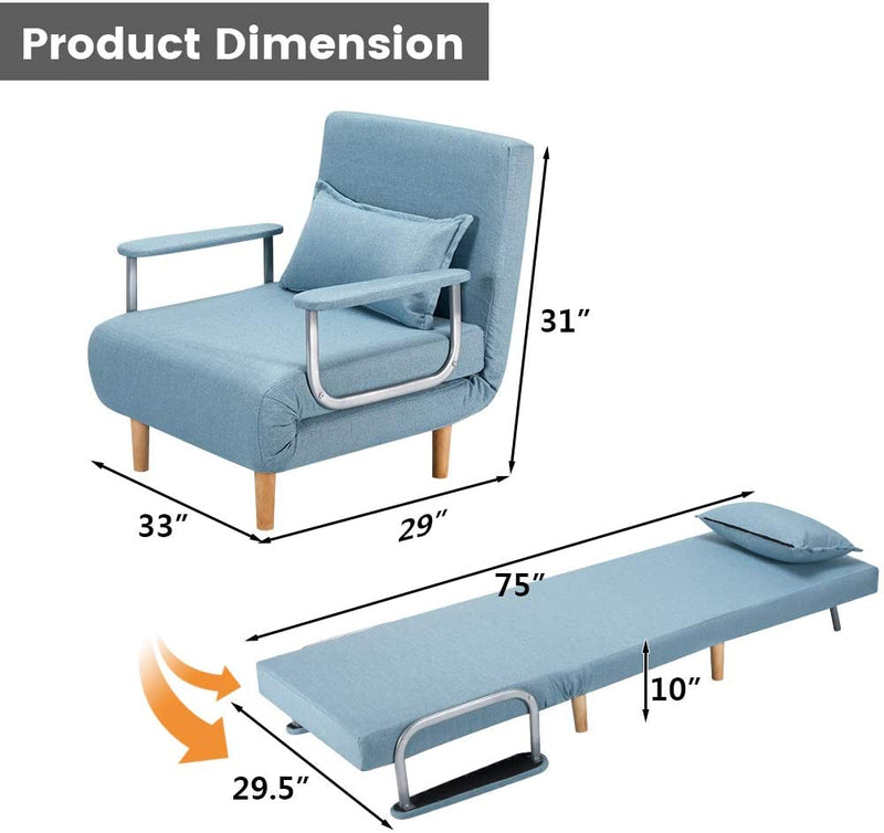 Convertible Chair Bed, Foldable Sofa Chair with Armrest, Sleeper Couch Sofa, Blue
