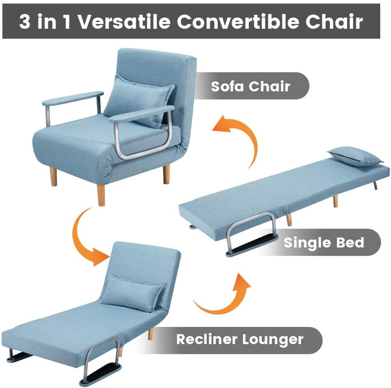 Convertible Chair Bed, Foldable Sofa Chair with Armrest, Sleeper Couch Sofa, Blue