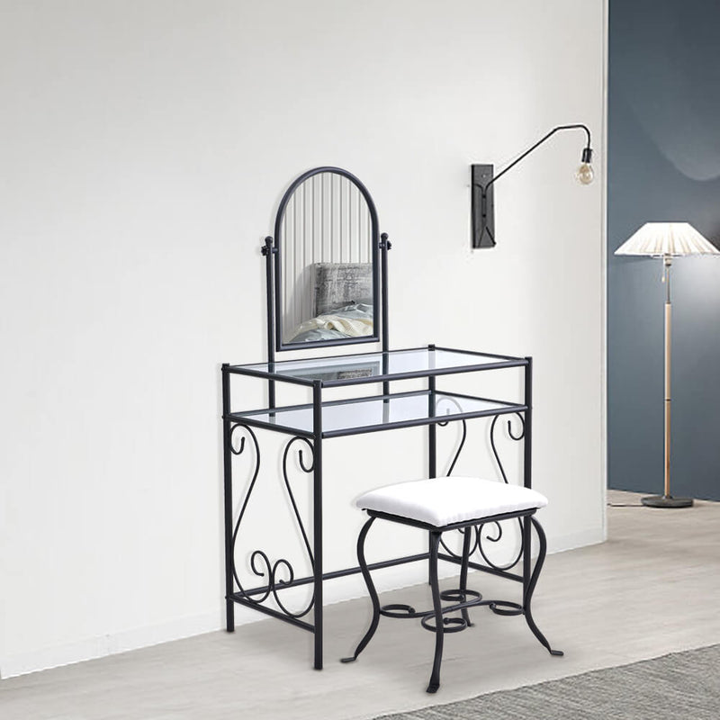 Simple Iron Dresser with Square Dressing Stool Black