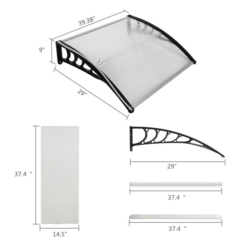 40" x 31" Front Door Awnings Canopies, Polycarbonate Window Awning Cover, Patio Eaves Canopy Decorator, Gray Bracket