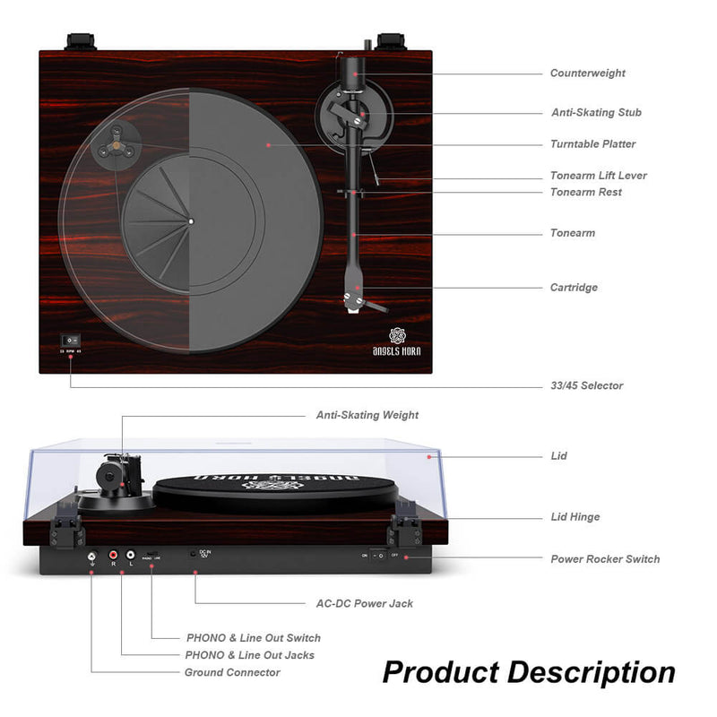 Record Player Built-in Phono Preamp and Belt Drive Vinyl Records Black