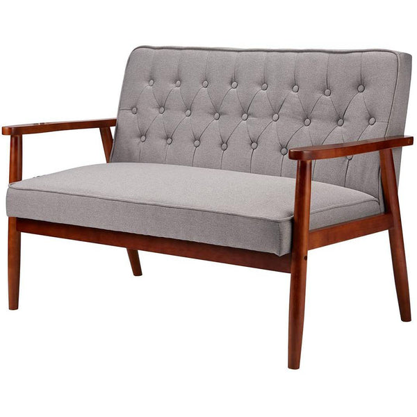Mid-Century Retro Fabric Loveseat Accent Chair Tufted Back Living Room Sofa Wooden Arm Chair Grey