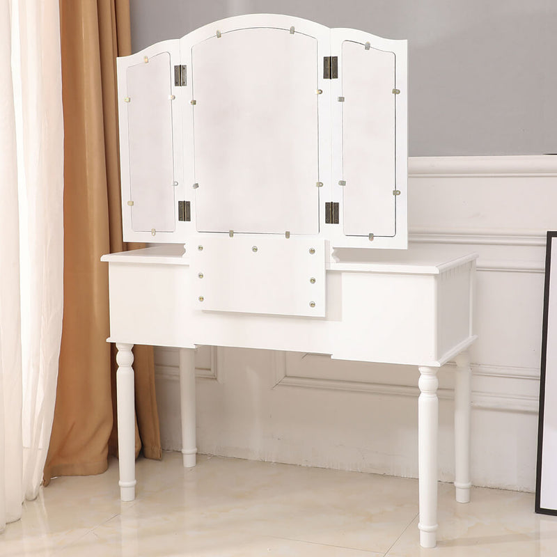 Dresser Three-Fold Square Mirror Drawers Roman Column Table/Stool White