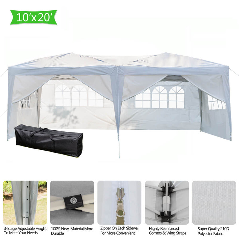 Waterproof Foldable Canopy Tent with Carry Bag 6 Sides 4 Windows White 10 x 20 ft