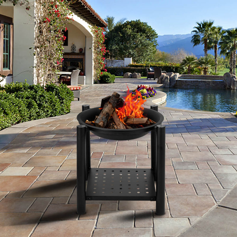 22'' Portable Outdoor Fire Pit Bowl with Shelf, Iron Brazier Wood Burning Patio & Backyard Firepit