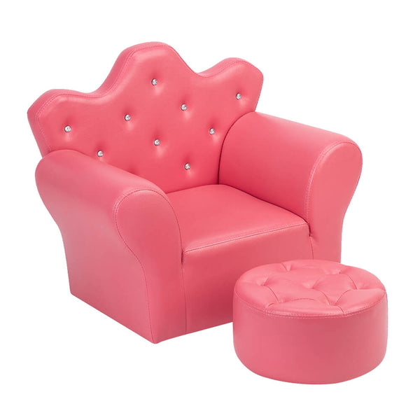 Kids Sofa With Upholstered Armchair with Ottoman Embedded Crystal Rose Red