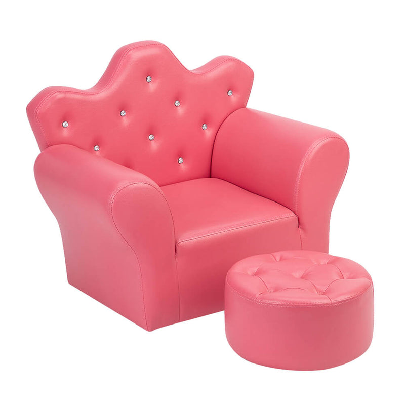 Kids Sofa With Upholstered Armchair with Ottoman Embedded Crystal Rose Red