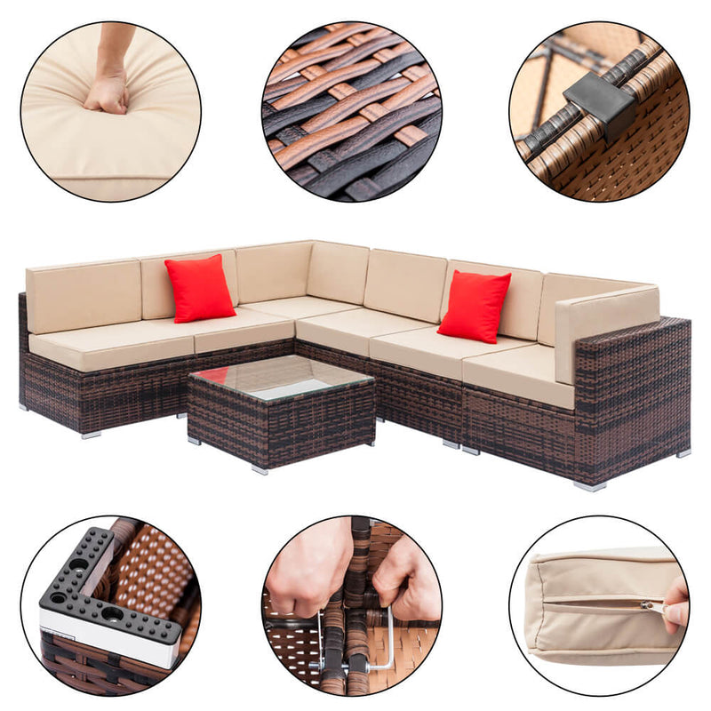 7 Pieces Sectional Rattan Sofa Set with 2pcs Corner Sofas & 4pcs Single Sofas & 1 pcs Coffee Table Brown Gradient