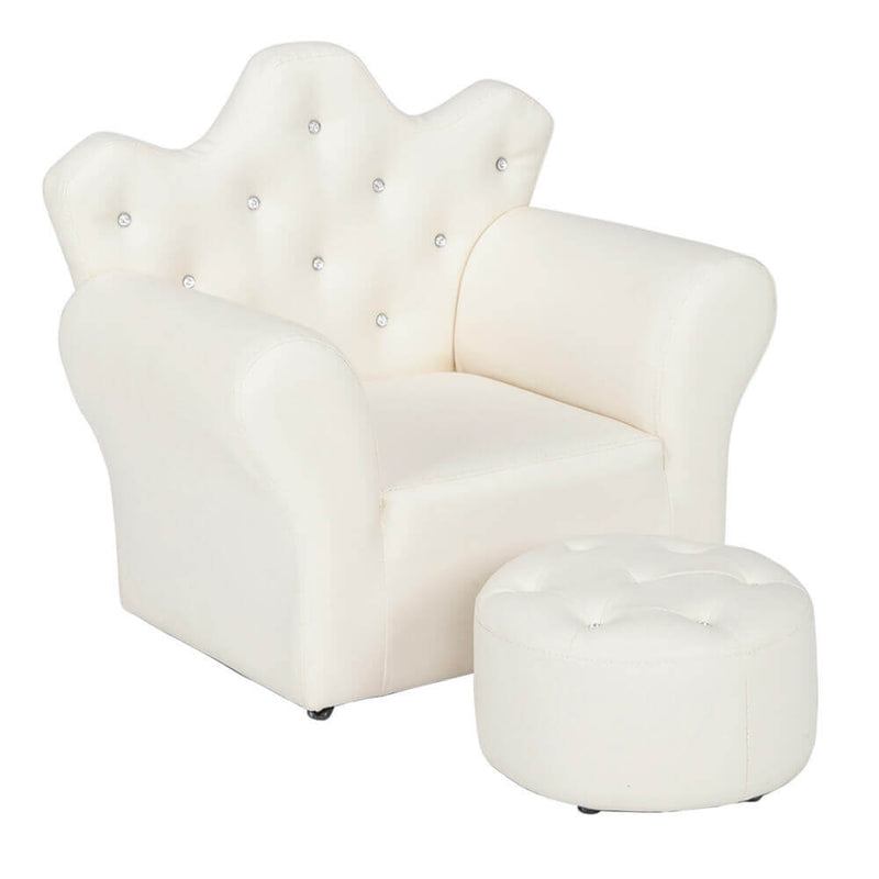 Kids Sofa With Upholstered Armchair with Ottoman Embedded Crystal White