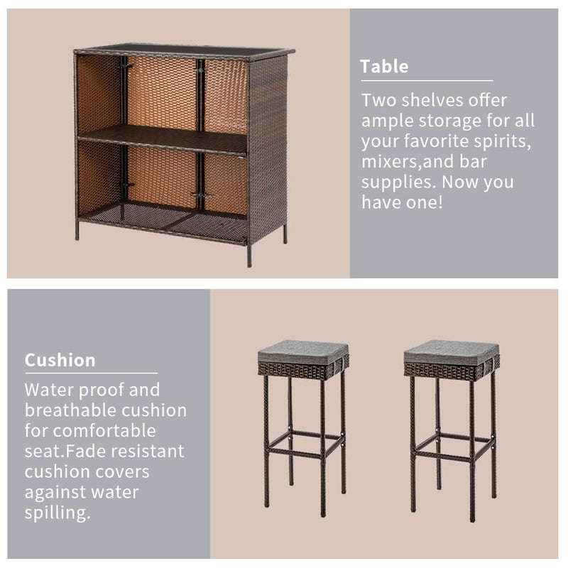 Outdoor 3 Pieces Brown Wicker Bar Set Glass Bar and Two Stools with Cushions