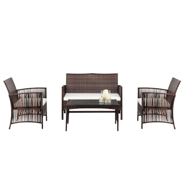 4-Piece Wicker Patio Chairs Furniture Set, PE Rattan Sectional Sofa Conversation Set with Cushions & Tempered Glass Tabletop