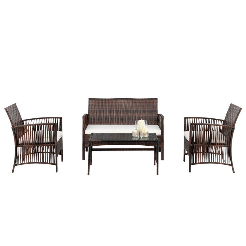 4-Piece Wicker Patio Chairs Furniture Set, PE Rattan Sectional Sofa Conversation Set with Cushions & Tempered Glass Tabletop