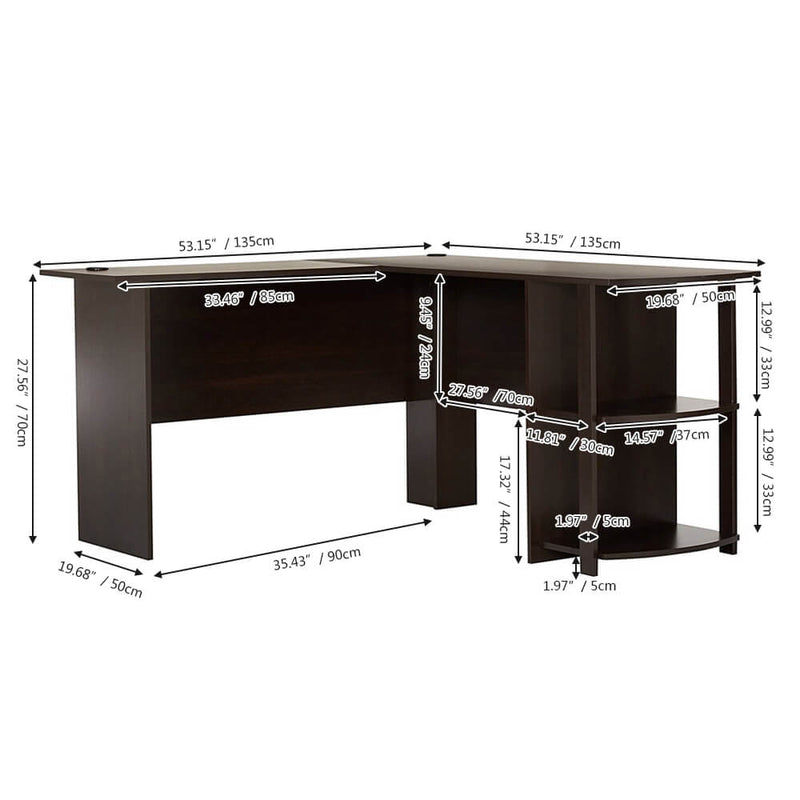 L-Shaped Computer Desk with Two-layer Bookshelves Dark Brown