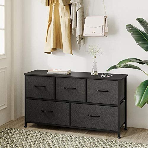 Dresser with 5 Drawers, Fabric Storage Tower, Organizer Unit for Bedroom, Hallway, Entryway, Closets, Sturdy Steel Frame, Wood Top, Easy Pull Handle