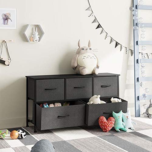 Dresser with 5 Drawers, Fabric Storage Tower, Organizer Unit for Bedroom, Hallway, Entryway, Closets, Sturdy Steel Frame, Wood Top, Easy Pull Handle