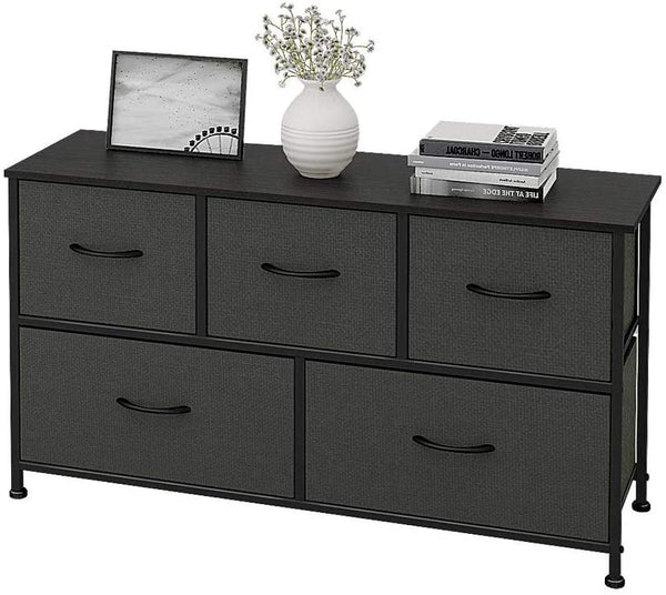 Dresser with 5 Drawers, Fabric Storage Tower, Organizer Unit for Bedroom, Hallway, Entryway, Closets, Sturdy Steel Frame, Wood Top, Easy Pull Handle
