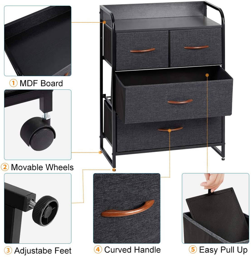 Dresser for Bedroom with 4 Drawers Fabric Tower for Closets Wooden Top Gray