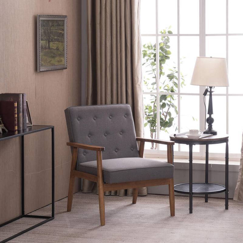 Mid-Century Retro Modern Single Sofa Chair Wooden Arm Chair Grey Fabric
